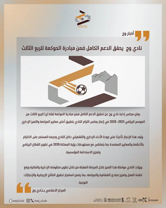 نادي وج يحقق الدعم الكامل ضمن مبادرة الحوكمة للربع الثالث على التوالي ✨